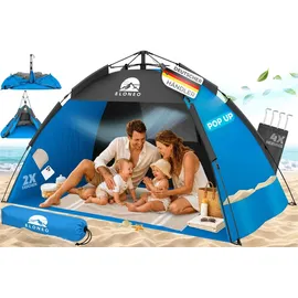 eloneo Pop Up Strandmuschel UV Schutz 80+, Leichter Aufbau und kleines Packmaß inkl. Tragetasche, Sonnenschutz & Windschutz für Babys und Erwachsene, Blau, 190x100x110 cm