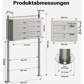 Wiltec 8er Briefkastenanlage Edelstahl weiß