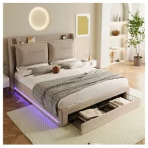 XDeer Polsterbett Polsterbett,hydraulisches Bett, 2-in-1 Stauraumschubladen am, eingelassene LED-Lichtleisten an beiden Bettseiten,ohne Matratze braun