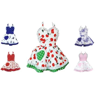 JACK Süße Kochschürze verstellbar mit Tasche Kinder Küchenschürze Retro Kinderschürze Schürze Vintage Dots Mädchen, Farbe:Weiß Kirsche - S