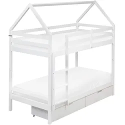 Hochbett mit Schubladen Haus Kiefernholz TERNAS 90 x 200 cm mit Stauraum Weiß
