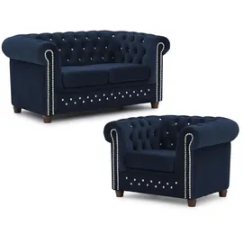 S-Style Chesterfield Polstergarnitur 2+1 Cleo Blink ¦ blau ¦ Maße (cm): B: 148 H: 72