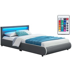 Juskys Polsterbett Sevilla 140x200 cm – Bett mit LED Beleuchtung & Lattenrost – Jugendbett grau
