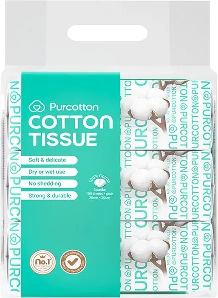 Purcotton 100% Baumwoll-Gesichtstücher, 300 Stück (100 Stück x 3 Packungen)