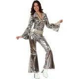 ATOSA | 70er Jahre Damen Disco Kostüm Silber | Metallic Jumpsuit mit Gürtel | Ideal für Mottopartys, Karneval | ABBA Disco & Style Musik | Saturday Night Fever inspiriertes Design | M-L