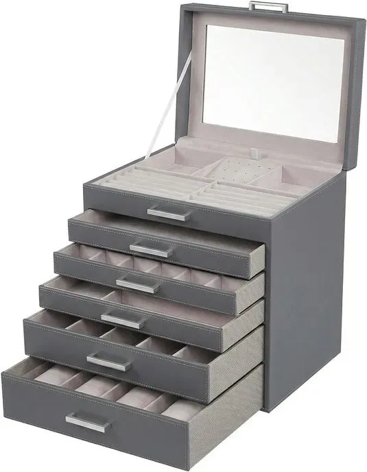 JOYFURNOS Schmuckaufbewahrungsbox mit Spiegel, 5 Schubladen, Schmuckkasten, viel Stauraum, modern, Geschenk, grau