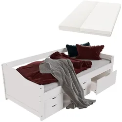 Juskys Funktionsbett Nalu 90x200 cm - Holz Bett mit Matratze & Lattenrost - Stauraumbett Weiß