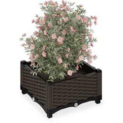 Relaxdays Pflanzkübel, Rattan-Optik, HBT: 23x40x40 cm, Garten, Balkon & Terrasse, Blumenkübel mit Wasserspeicher, braun