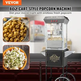 Vevor Popcornmaschine Popcornautomat mit Wagen 850 W Popcorngerät, 8 oz Kessel für 48 Tassen pro Ladung, Popcornmaschine mit gehärtetem Glas inkl. 4 Schaufeln Kino-Stil Restaurant Schwarz