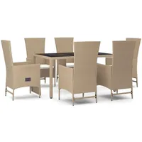 vidaXL 7-tlg. Garten-Essgruppe mit Kissen Beige Poly Rattan