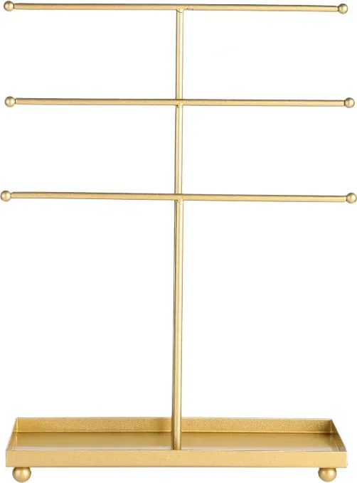 MyGift Moderner Schmuck-Organizer, 3-stufiger Metall Tisch-Schmuckständer für Armbänder und Halsketten mit Basis-Ringablage (Messing)