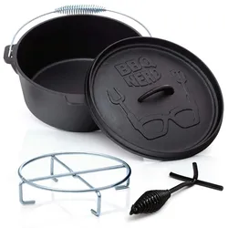 BBQ-Nerd© Dutch Oven "Starter" 3,1L mit Ständer- bereits eingebrannt - Gusseisen Feuertopf, Bräter mit Deckel inkl. Deckelheber