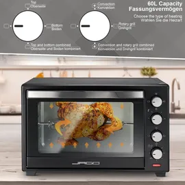 Jago® Minibackofen - mit Umluft, Drehspieß, Innenbeleuchtung, Elektrisch, 60L, 6 Kochmodi, 2000W, Timer, 100 - 230 °, Doppelglastür