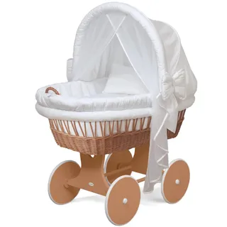 Waldin Baby Stubenwagen-Set mit Ausstattung, XXL, Bollerwagen, komplett, 24 Modelle wählbar, Gestell/Räder braun lackiert, Stoffe weiß