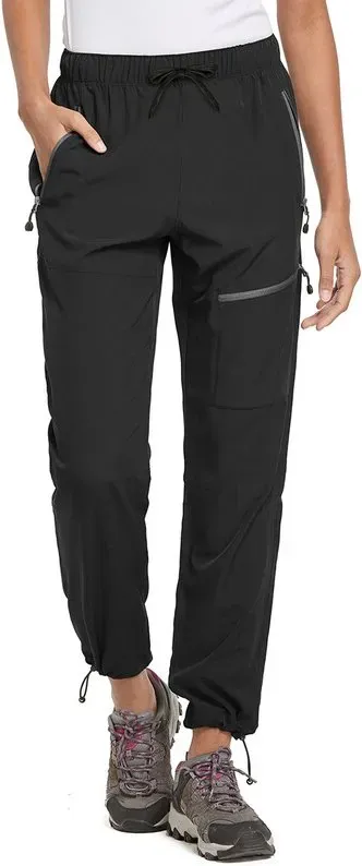 baleaf Damen Wander- und Trekking-Cargo-Hose, leichtgewichtig, schnelltrocknend, wasserabweisend, mit Reißverschluss-Taschen, UPF 50+ UV-Schutz, Schwarz – Petite M