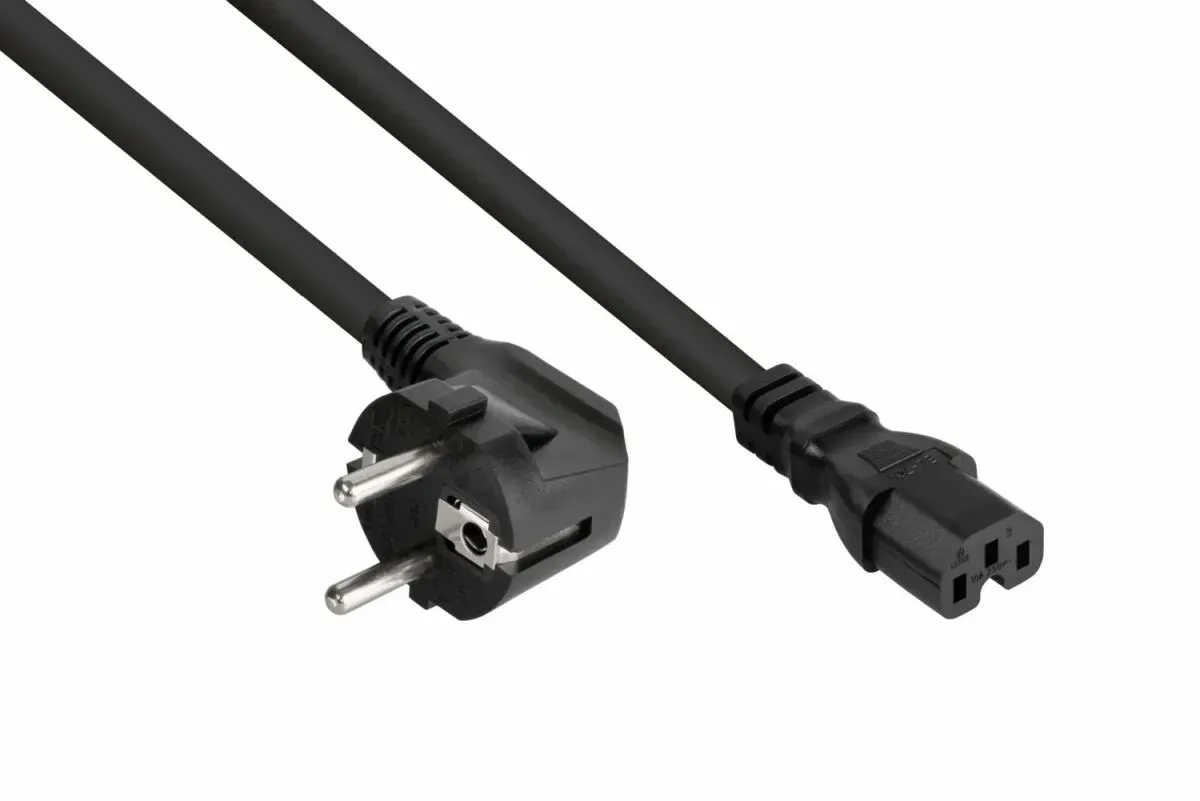 Kabelmeister Netzkabel Schutzkontakt-Stecker Typ E+F (90° gew.) an Warmgeräte-Buchse C15, schwarz, 1,00mm2, 5m