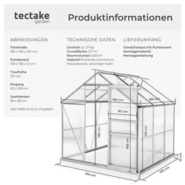 Tectake Gewächshaus Alu HKP 4 mm 3,7 m2 inkl. Fundament