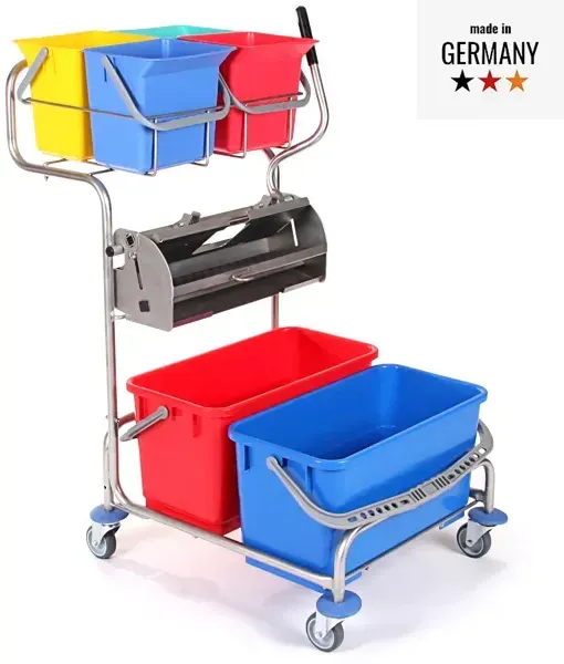 Floorstar FPW 2Q PATENT Reinigungswagen mit Flachpresse Flachpressenwagen 2 - Edelstahl mit 4 Eimern 6 l
