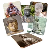 Addies Glas-Untersetzer 6er-Set"Buddha", mit Kork-Untermaterial und in schöner Klarsichtbox geliefert