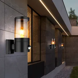 GLOBO Wandlampe Außenleuchte mit Bewegungsmelder Gartenleuchte Fassadenleuchte, Ip44, Edelstahl, schwarz rauch, 1x E27, Hxbxü 24,5x10,2x17cm, 2er Set