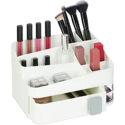 Relaxdays Make Up Organizer, 18 Fächer, Kosmetik Aufbewahrung, Kunststoff, HBT: 15 x 26 x 21 cm, Kosmetikorganizer, weiß