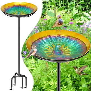 FaloStwer Vogeltränke Stehend Für Garten, 100cm Vogeltränke Winterfest Mit Erdspieß, Vogelbad Garten Stehend Frostsicher, Freistehend Metall Vogelbecken Schüssel Wassertränke (Pfauen, Blau)