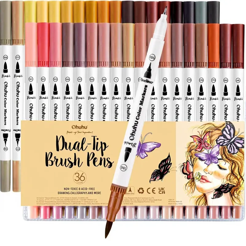 Ohuhu Hautton-Farbmarker mit Doppelspitze, 36 Farben, Künstlermarker-Set für Kalligraphie und Skizzieren