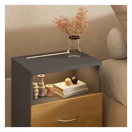 CASARIA Casaria® Nachttisch 2er Set mit Schubladen & Beleuchtung Holz Grau