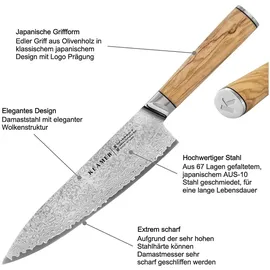 Klamer Damast Chefmesser 20cm, extra scharfes Küchenmesser, echter japanischer Damaststahl, Fleischmesser