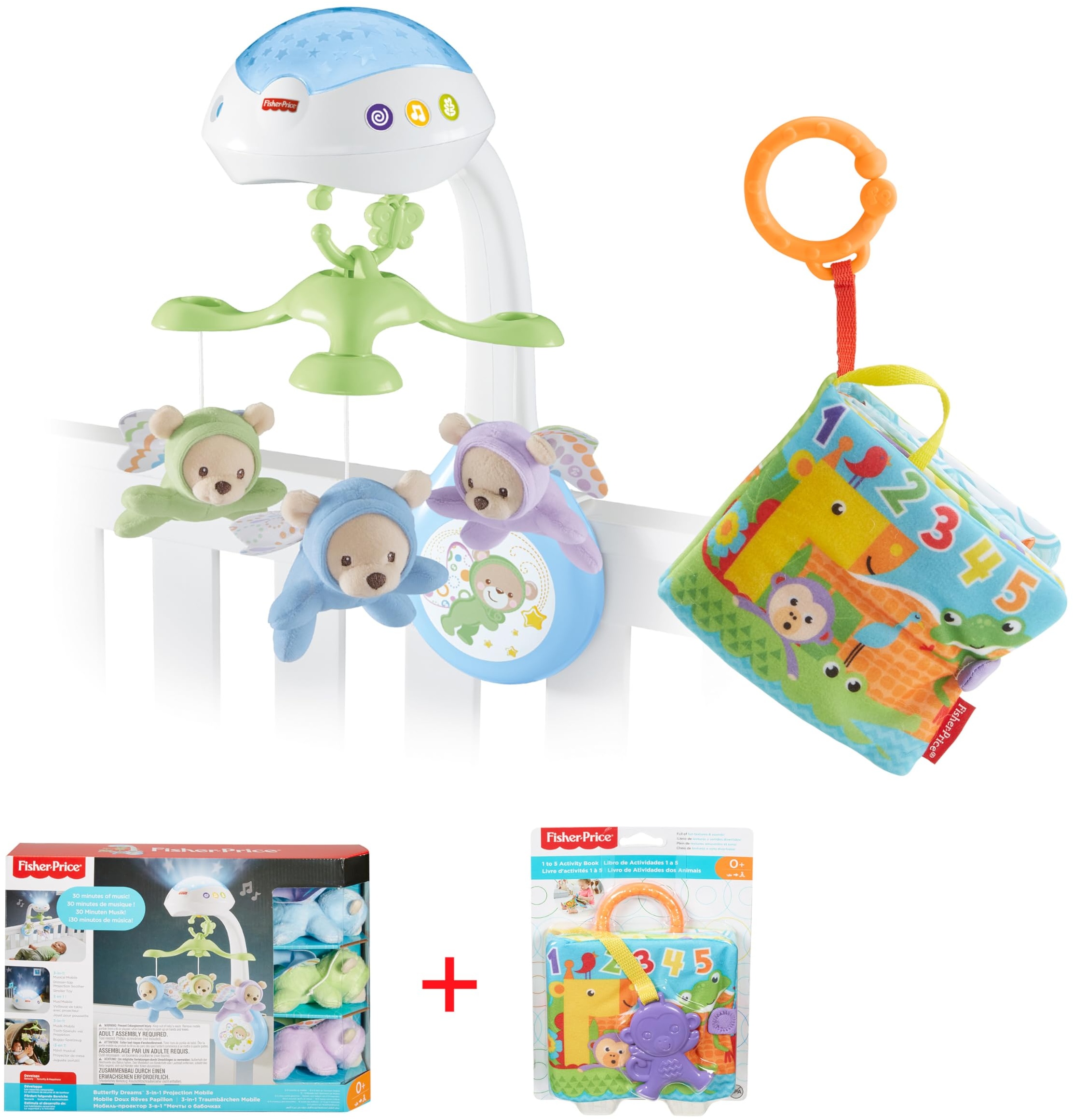 Fisher-Price Bundle Pack - 3-in-1 Traumbärchen Mobiles Nachtlicht (CDN41) + Kleines Spielbuch (FGJ40) mit beruhigender Musik und White Noise, inkl. 1 abnehmbares Spielzeug, ab 0 Monaten