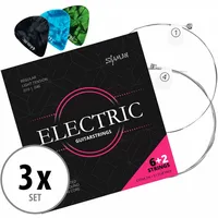 Shaman Gitarrensaiten für E-Gitarre 3x Set- Premium Stahl Saiten für elektrische Gitarre - 6+2 Saiten-Set inklusive 3 Plektren, extra D-Saite und hohe E-Saite