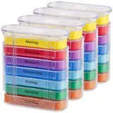 newgen medicals Tablettenbox: 4er-Set bunte Medikamenten-Boxen für 7 Tage, je 4 Fächer, beschriftet (Medikamenten Organizer, Medikamentenbox 7 Tage 4 Fächer, Halter)