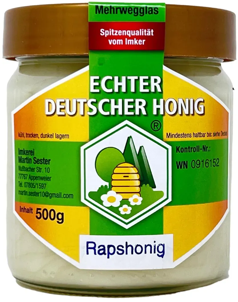 Echter Deutscher Honig "Rapshonig" 500g Glas - Wanderimkerei Martin Sester