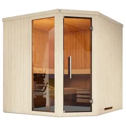 Weka Elementsauna Varberg 3 Trend Familiensauna mit Eckeinstieg & weiße Fronten - 68 mm Ganzglastür u. Fensterelement(e) 7,5 kW Bio-Kombiofen BioS inkl. Steuerung