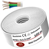 MAS Premium Feuchtraumkabel Stromkabel 5-170m Mantelleitung NYM-J 5x1,5, 2,5, 4, 6, 10 oder 16 Elektrokabel Ring für feste Verlegung (NYM-J 5x1,5 mm2, 120m)