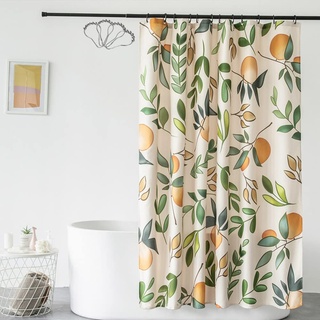 DKLFYDBG Duschvorhang 240x200 Anti-Schimmel aus Stoff mit Blumenmuster, Orange Pfirsich grünes Blatt Duschvorhang Beige, Helle Bunte Duschvorhänge Badezimmer Wasserdicht Gewichtet (240 x 200 cm)