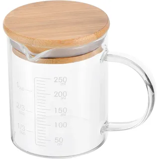 PATIKIL 250ml Glas Messbecher, 3.3 Borosilikatglas mit weiß bedruckter Skala, Flüssigkeitsmessbecher mit Holzdeckel und V-förmigem Ausguss für die Küche