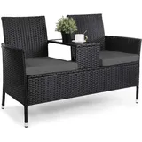 Gartenstühle 2er Sitz - Tisch - Rattan - Bezug - Gartenbank - Außenmöbel - Schwarz - 130 x 56 cm - Schwarz