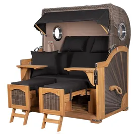 Mr. Deko bene,iving Strandkorb Komplettset Ammersee Grande XL Teak Bullauge PE grau Modell 548 inkl. Liftersystem Schutzhülle Doppelrollen Glasbecherhalter