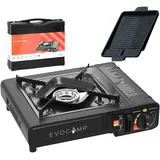 evocamp Gaskocher 1-flammig mit Grillplatte BBQ inkl. Tragekoffer für 227g Gaskartuschen - Ideal für Kochen unterwegs