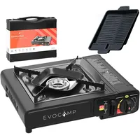 evocamp Gaskocher 1-flammig mit Grillplatte BBQ inkl. Tragekoffer für 227g Gaskartuschen - Ideal für Kochen unterwegs