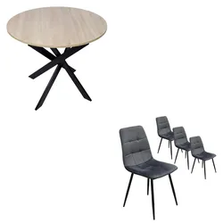 SKRAUT HOME Möbel Set, 4er Pack Esszimmerstühle, Polsterstuhl, Stuhl, Runder Esstisch, Eiche, Schwarze Beine - 2012_1932