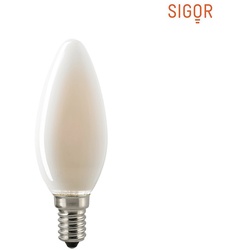 SIGOR LED Filamentlampe KERZE, 230V, Ø 3.5cm / L 9.7cm, E14, 4.5W 2700K 400lm 300°, dimmbar, opal schattenfrei SIG-6140801