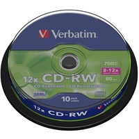 Verbatim CD-RW 700 MB, 10er Pack Spindel, CD Rohlinge beschreibbar, 12-fache Brenngeschwindigkeit mit langer Lebensdauer, leere CDs, Audio CD Rohling rewritable, CD leer