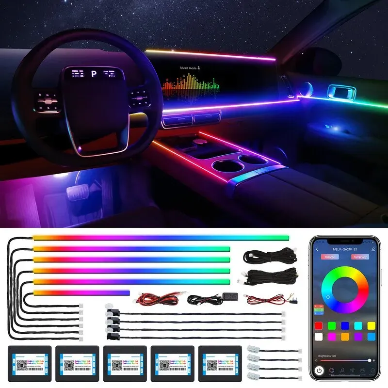 Dreamcolor Acryl‐LED‐Streifen für Innenauto, mit kabelloser App, RGB 14‐in‐1, 175 Zoll, 600 LEDs, Faseroptik, Auto‐Ambient‐Beleuchtungssets, Dual‐Zonen‐Ton‐Aktivierungsfunktion