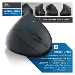 CSL - Wireless Vertikal Maus Bluetooth - kabellose Vertikalmaus - ergonomisches Design - Vorbeugung gegen Mausarm - besonders armschonend - für PC