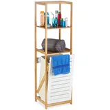 Relaxdays Badregal mit Wäschekorb, Badezimmer Regal Bambus, Standregal schmal, 3 Fächer, HxBxT: 130 x 37 x 33 cm, natur