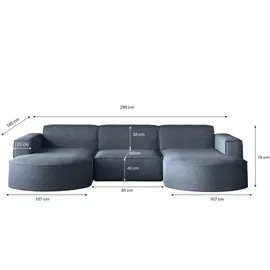 kaiser möbel Ecksofa, Sofa U form, Couch U form MODENA U STUDIO stoff Neve Blau - Blau