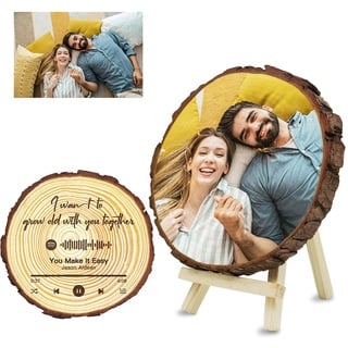 KEYE Personalisierte Holzscheibe mit Foto Scannbar Spotify Code, Baumscheibe mit Fotogravur, 15cm Naturholz, Personalisierte Geschenke zum Jubiläum Jahrestag Hochzeit Dekor