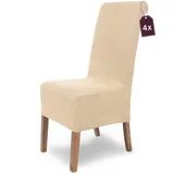 SCHEFFLER-Home Stuhlhussen Stretch Sofia/Stretch Stuhlhussen Creme 4er Set/elastische Stuhlabdeckungen/Stuhlhussen Schwingstühle/Flanell Spann-Stuhlhussen Hochlehner mit Gummiband
